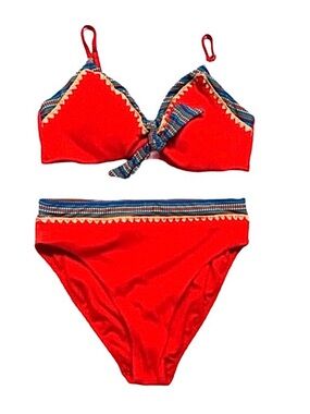 SWIMSUITS FOR ALL ~ Vibrant Red Ribbed Bikini w/Geometric Trim Adjustable Straps